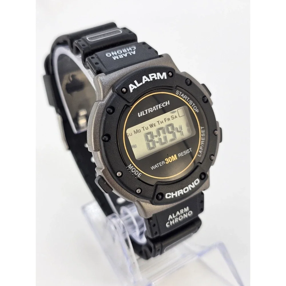 Men's Sports Digital Watch 44MM Black Plastic Bands Alarm Chrono New Battery